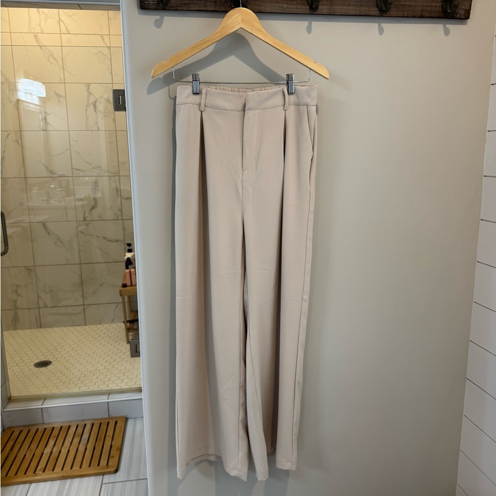Cream Wide-Leg Trousers with High-Waisted Design